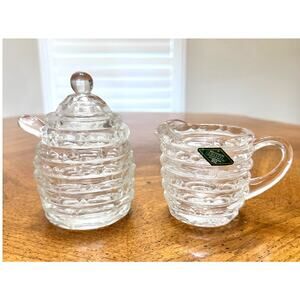 Shannon by Godinger 24% Lead Crystal Beehive Sugar/Creamer/Spoon Set-NEW in Box!